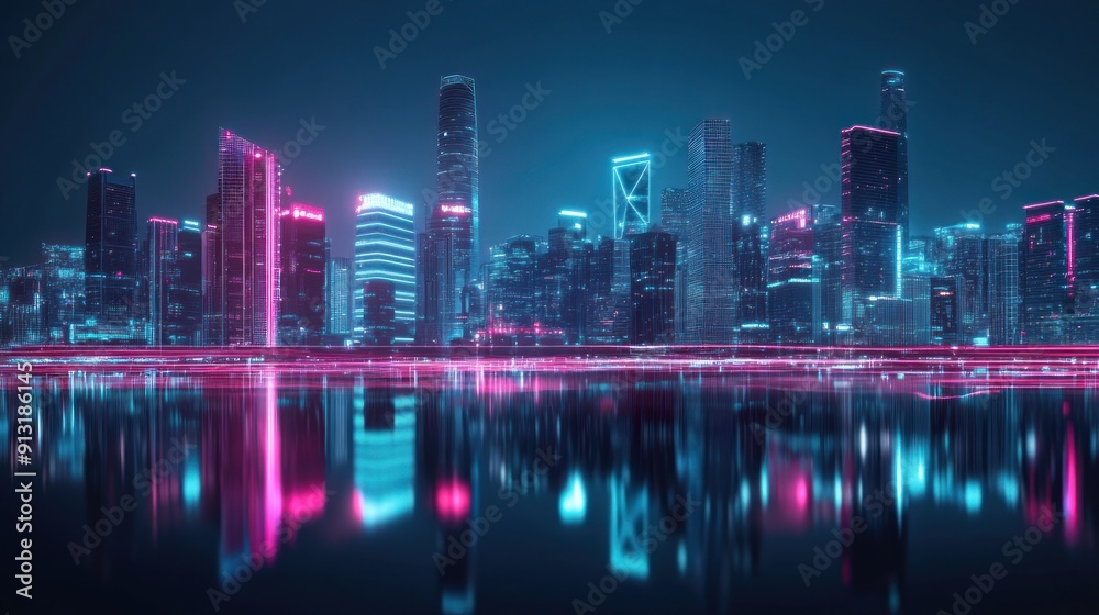 Fototapeta premium Neon Skyline Reflection in a Calm Water