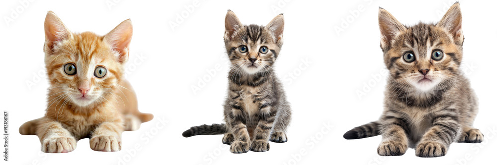Set of An adorable kitten with soft fur, looking curiously at the camera isolated on transparent background Set of An adorable kitten with soft fur, looking curiously at the camera isolated on transparent background
