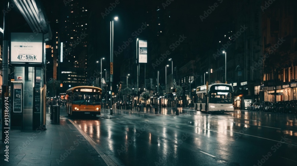 Obraz premium Bus on City Street at Night