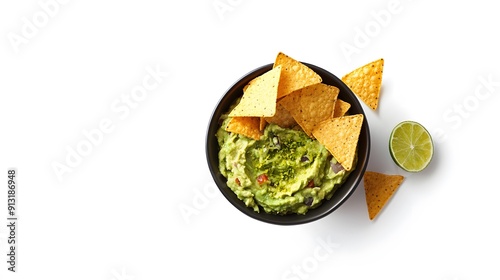 A realistic top view of a bowl of rich and creamy guacamole with tortilla chips and a sprinkle of lime zest, set against a white background