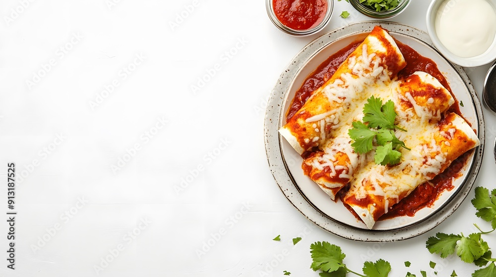 A realistic top view of a plate of enchiladas with red sauce, cheese, and a garnish of fresh cilantro, arranged on a white background A realistic top view of a plate of enchiladas with red sauce, cheese, and a garnish of fresh cilantro, arranged on a white background