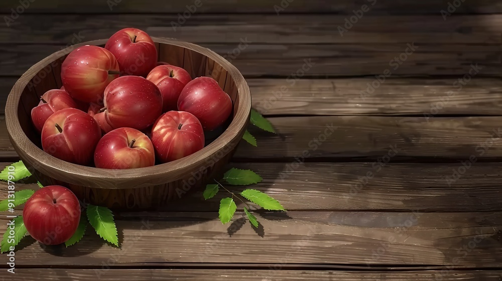 Wooden bowl containing crimson apples resting atop wooden table alongside leafy green branch Wooden bowl containing crimson apples resting atop wooden table alongside leafy green branch