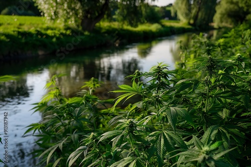 A serene riverside cannabis farm, plants growing along the water's edge, reflections shimmering in the clear water, lush green surroundings, tranquil and idyllic, peaceful countryside feel