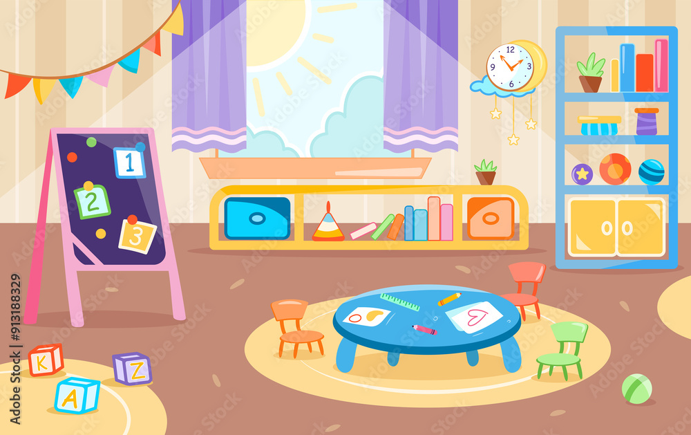 kindergarden room classroom with toys and table kindergarden room classroom with toys and table