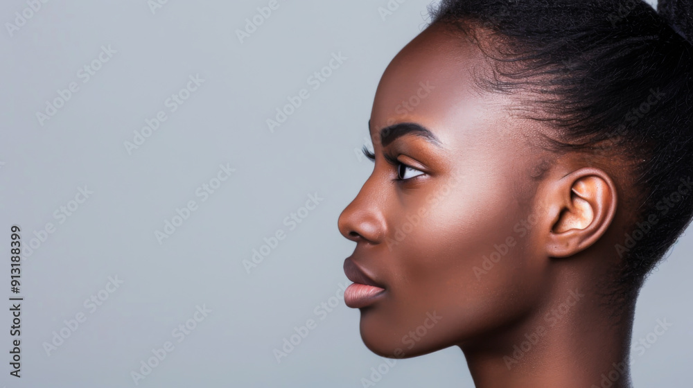Side view of an African American woman against a plain background. Beautiful young black woman posing indoors. Beauty and fashion concept. Side view of an African American woman against a plain background. Beautiful young black woman posing indoors. Beauty and fashion concept.