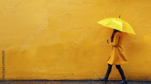 Woman Walking Down Street With Yellow Umbrella