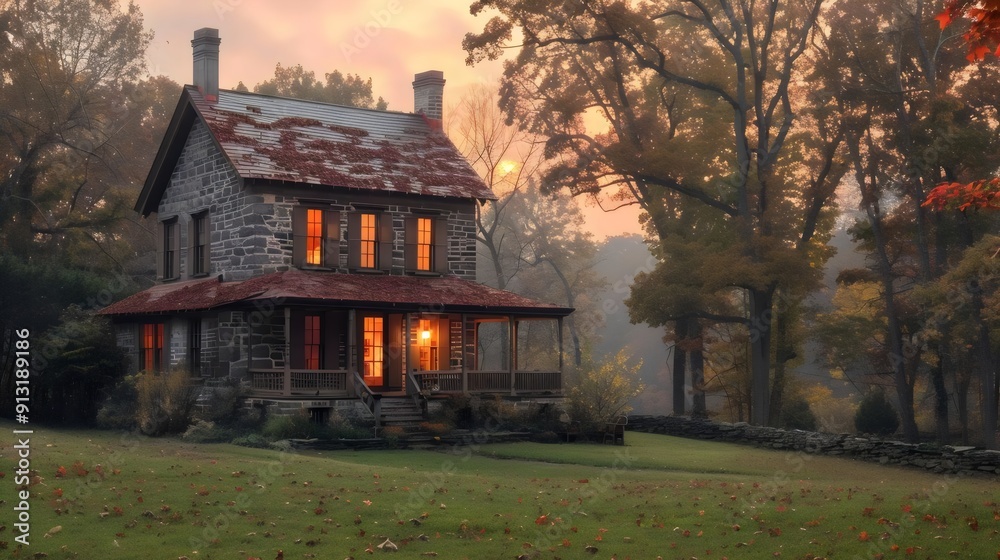 A large, old house with a red roof sits in a lush green field A large, old house with a red roof sits in a lush green field