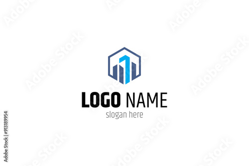 city ​​building logo with number one combination in hexagonal shape flat vector design