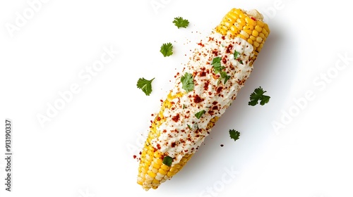 A realistic top view of a Mexican street corn (elote) coated with mayo, cheese, and chili powder, served on a white background