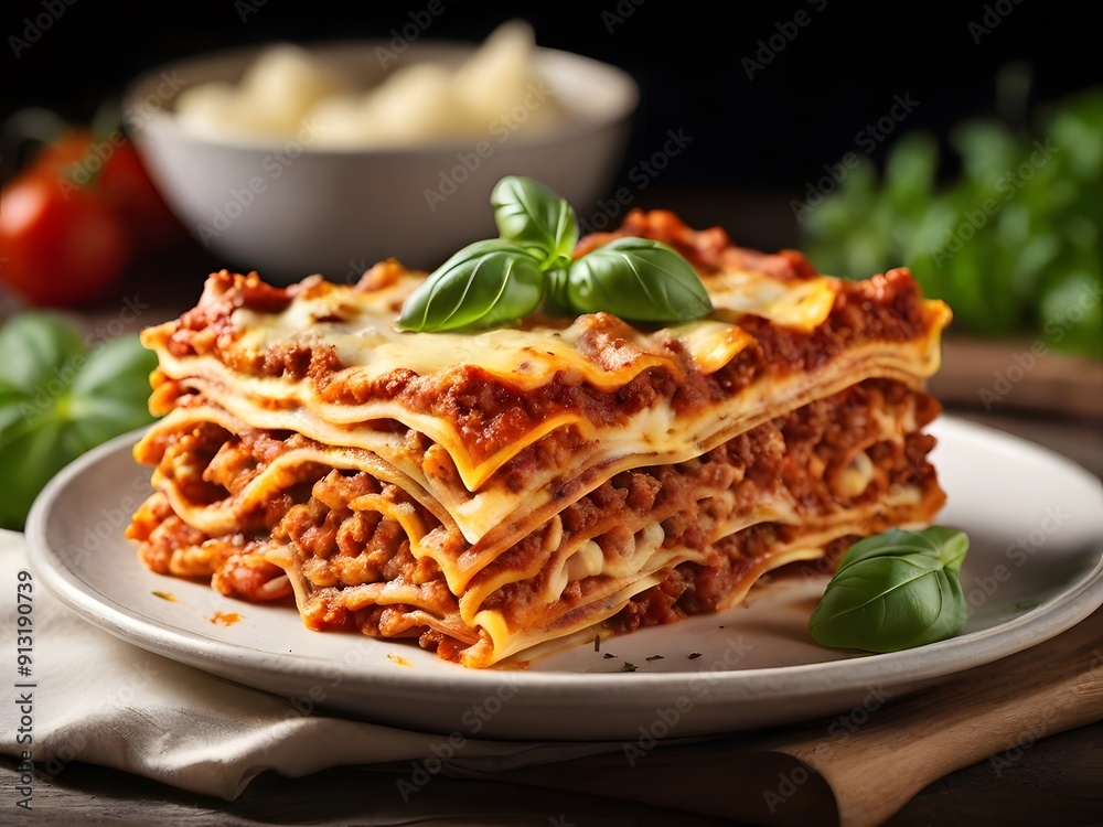 Fototapeta premium Traditional Italian Pasta With Layers Of Tomato And Ground Beef Lasagna Topped With Cheese, Served On A White Plate In A Dark Restaurant.