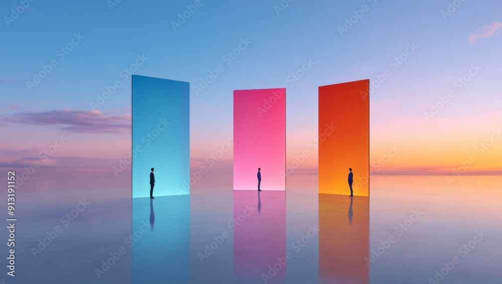 Business people standing in front of large windows with colorful gradient light Business people standing in front of large windows with colorful gradient light