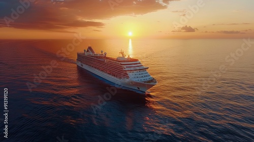 Cruise Ship Sailing in the Ocean at Sunset