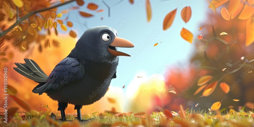 crow 3D animation cartoon style, colorful, happy, friendly, 3d cartoon, nature, outdoors crow 3D animation cartoon style, colorful, happy, friendly, 3d cartoon, nature, outdoors