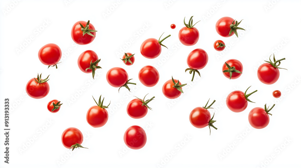 Falling cherry tomatoes isolated on white background Falling cherry tomatoes isolated on white background