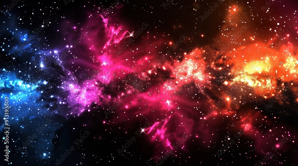 A black background surrounded by a colorful space filled with numerous stars and a prominent star cluster at its center A black background surrounded by a colorful space filled with numerous stars and a prominent star cluster at its center