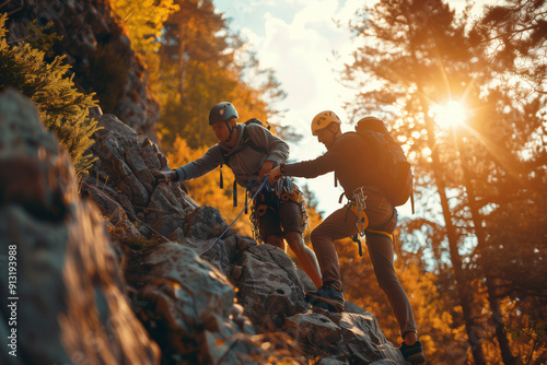 Autumn Adventure: A Climber Helping His Partner Scale Rocky Heights at Sunset
