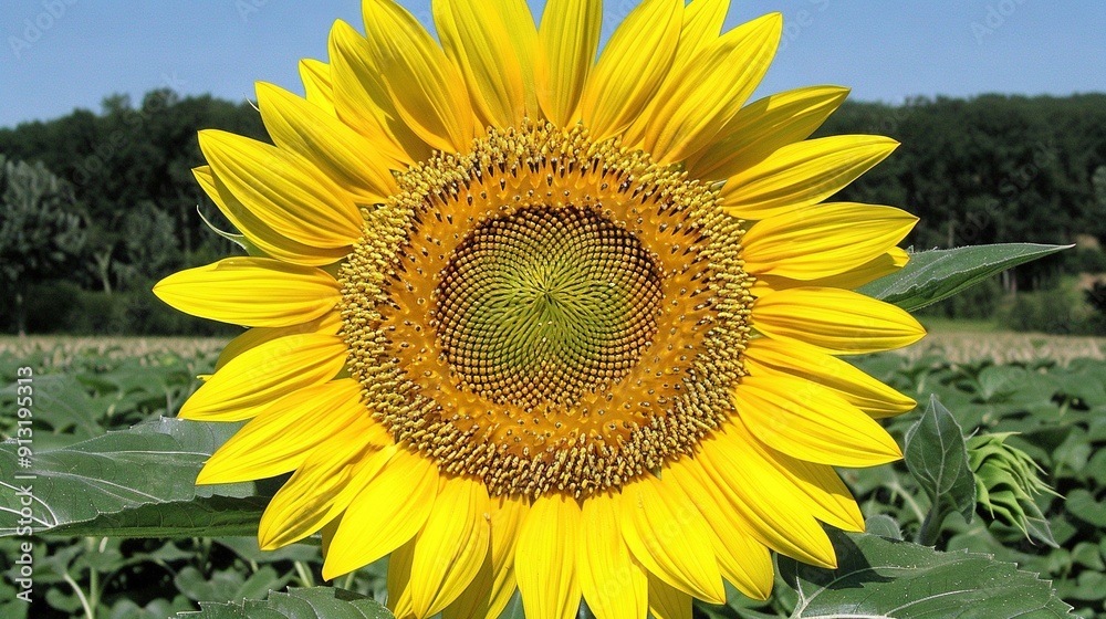 A vibrant sunflower dominates a field against a serene blue sky and lush background trees A vibrant sunflower dominates a field against a serene blue sky and lush background trees