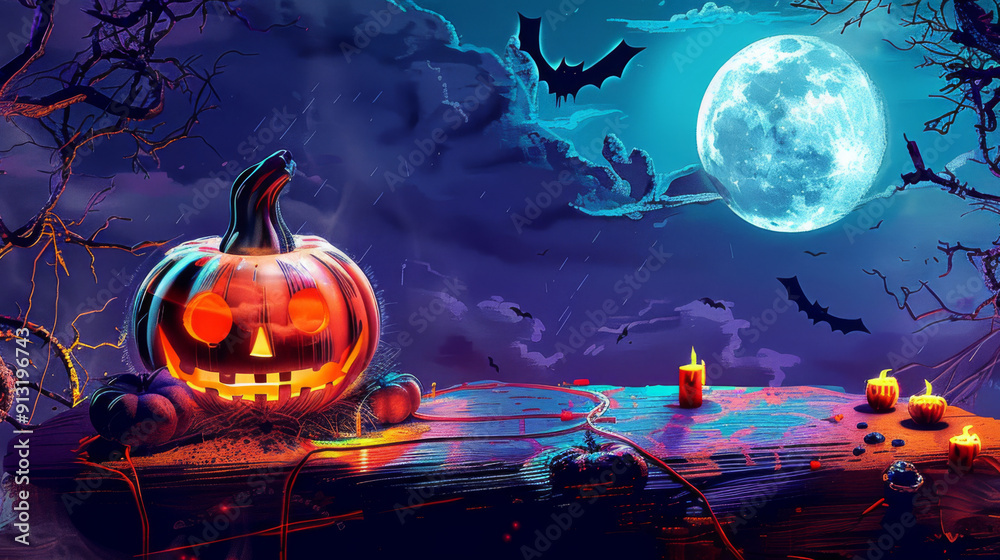 Glowing Jack-O-Lantern with Candles and Full Moon in Spooky Halloween Scene Glowing Jack-O-Lantern with Candles and Full Moon in Spooky Halloween Scene