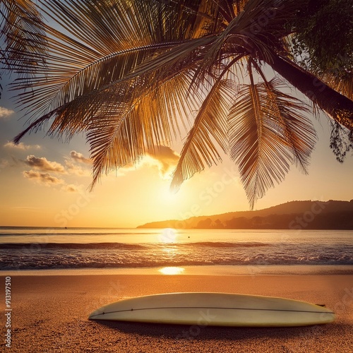 Surfboard and palm tree on beach background.