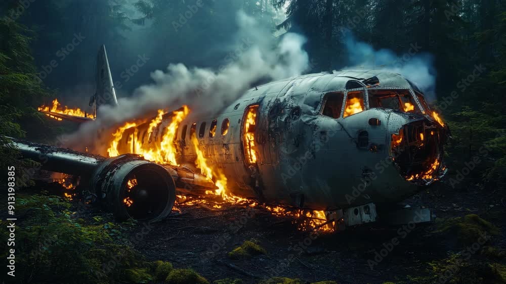 Burning airplane wreckage in the forest. Aviation disaster and air accident concept. Aircraft crash in flames. Emergency response Burning airplane wreckage in the forest. Aviation disaster and air accident concept. Aircraft crash in flames. Emergency response