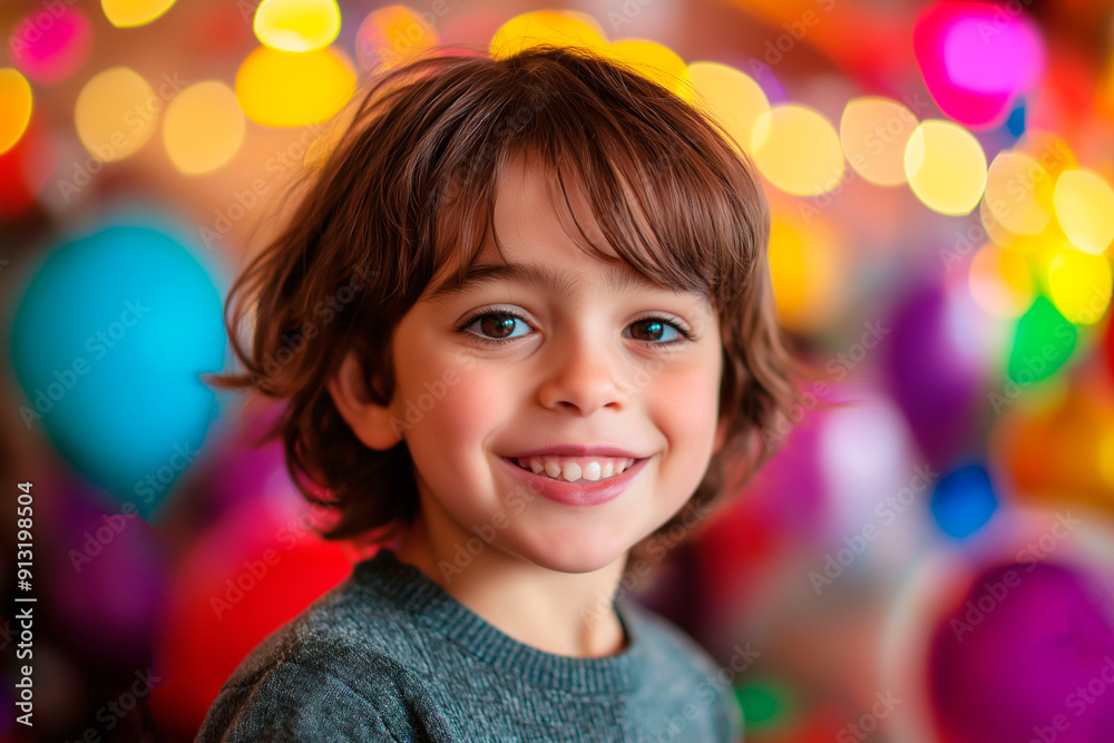 Smiling young boy with colorful balloons and lights in the background Smiling young boy with colorful balloons and lights in the background
