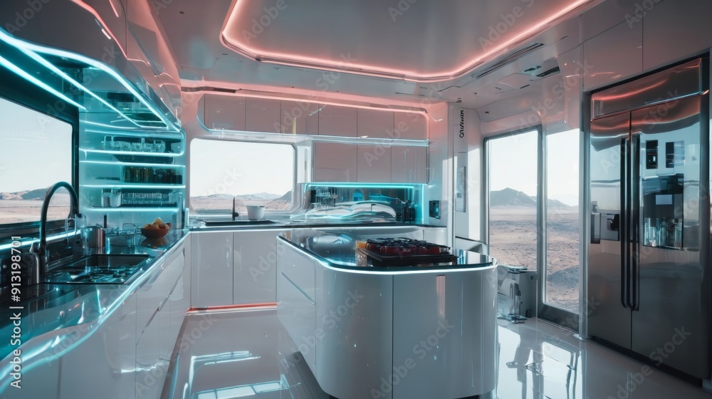 Obraz premium Modern Kitchen With Sink and Refrigerator
