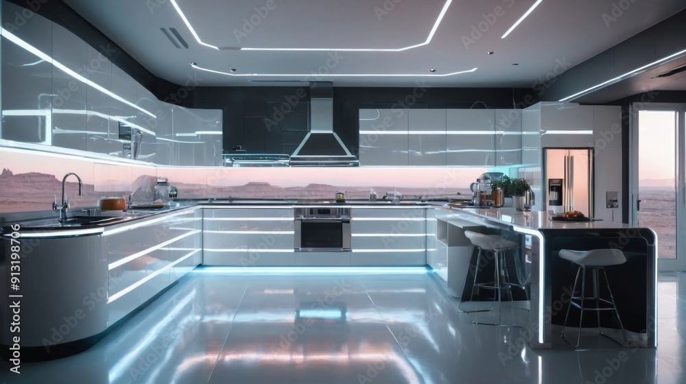 Obraz premium Spacious Kitchen With Large Counter and Bar Stools