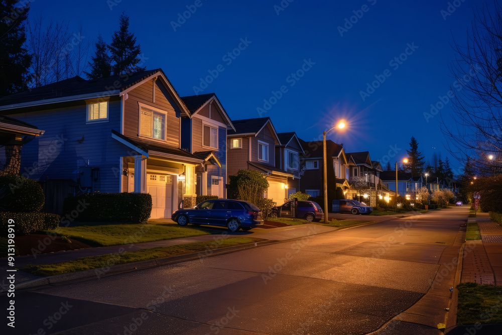 Empty suburban street with street lights illuminating the road and houses at night