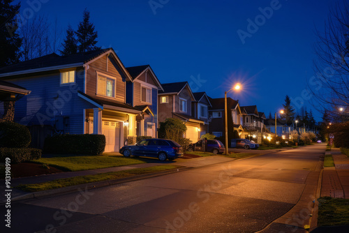 Obraz na płótnie Empty suburban street with street lights illuminating the road and houses at night w salonie