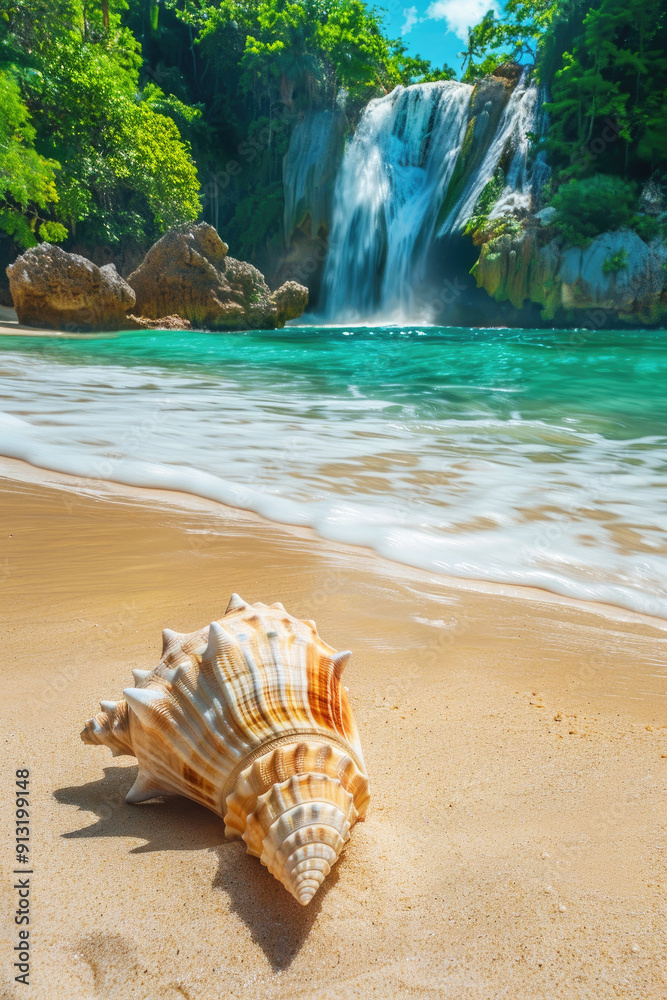 Tropical beach with sand and waterfall in distance, beautiful sea shell or conch on shore in paradise. Concept of travel, vacation, resort and nature Tropical beach with sand and waterfall in distance, beautiful sea shell or conch on shore in paradise. Concept of travel, vacation, resort and nature