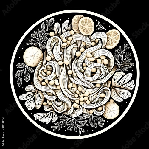 noodles in a plate monochrome sketch illustration on a dark background