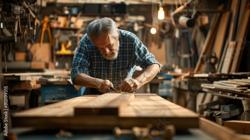 The woodworker in workshop.