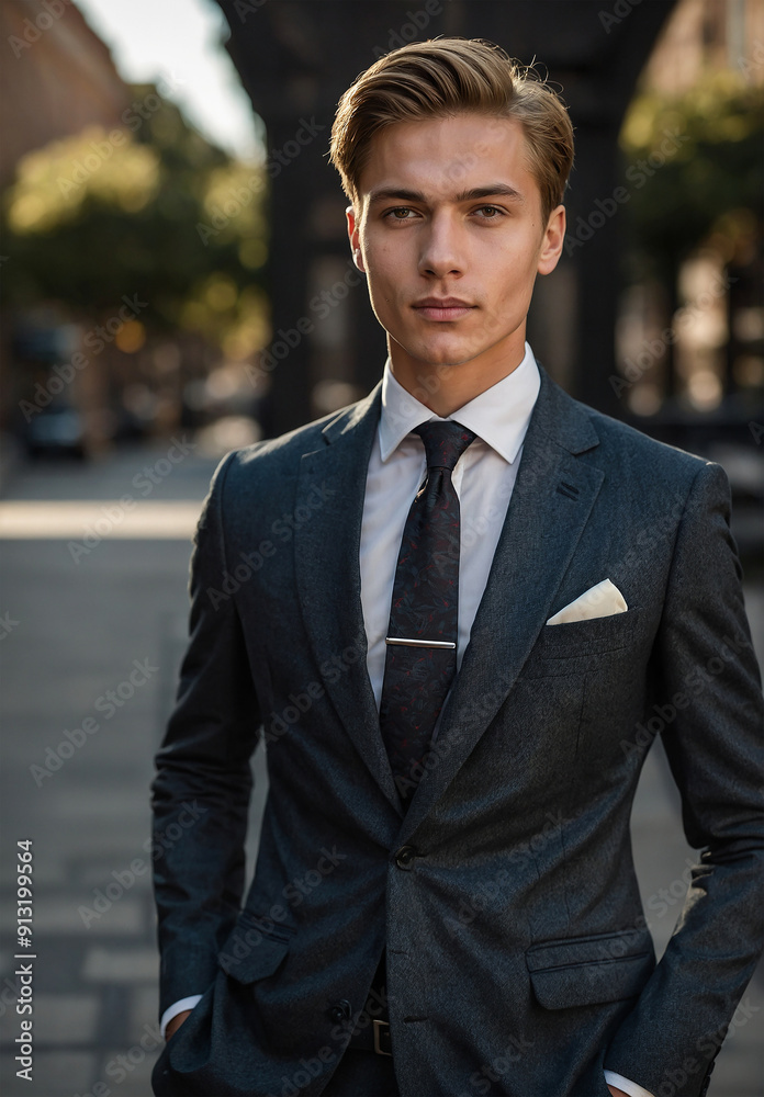 handsome young man with a suit outdoor stylesh handsome young man with a suit outdoor stylesh