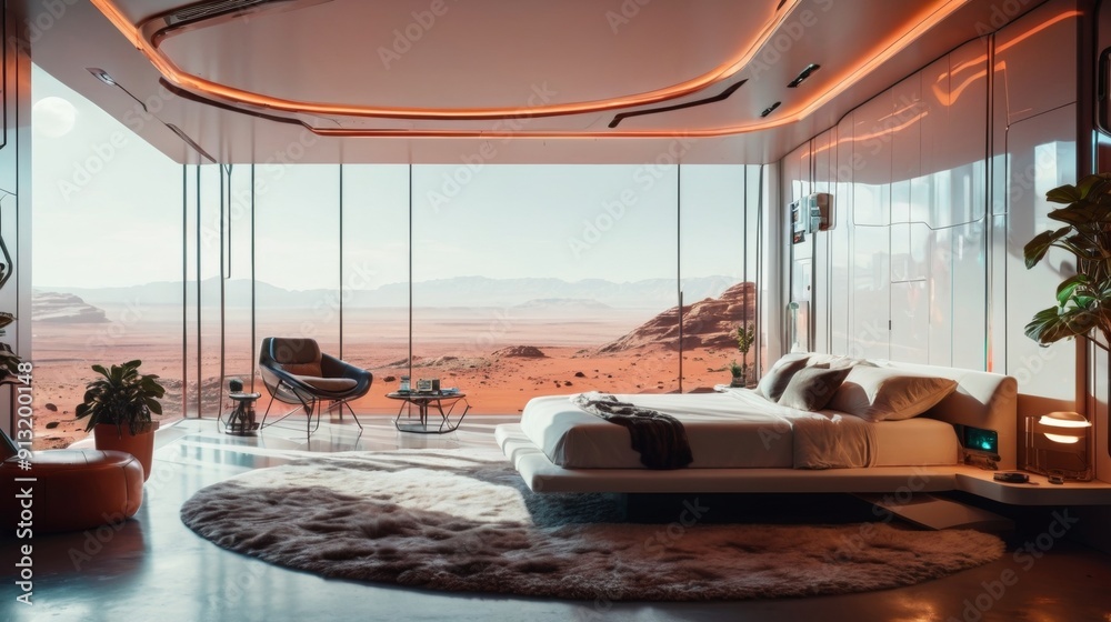 Fototapeta premium Bedroom With Large Bed Overlooking Desert View
