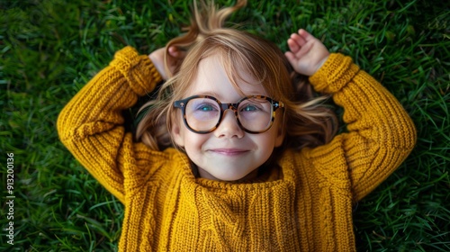 Young Girl With Glasses Relaxing on Grass