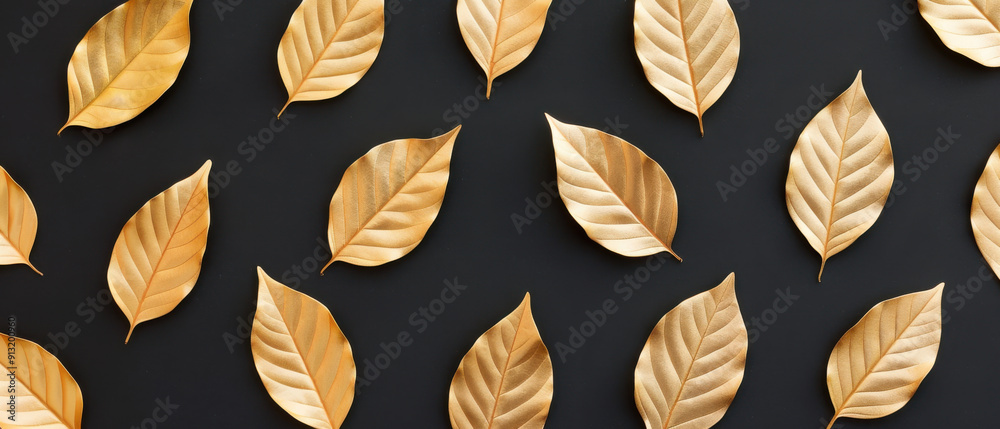 Elegant arrangement of golden leaves on a dark background, perfect for seasonal decor or nature-themed projects. Elegant arrangement of golden leaves on a dark background, perfect for seasonal decor or nature-themed projects.