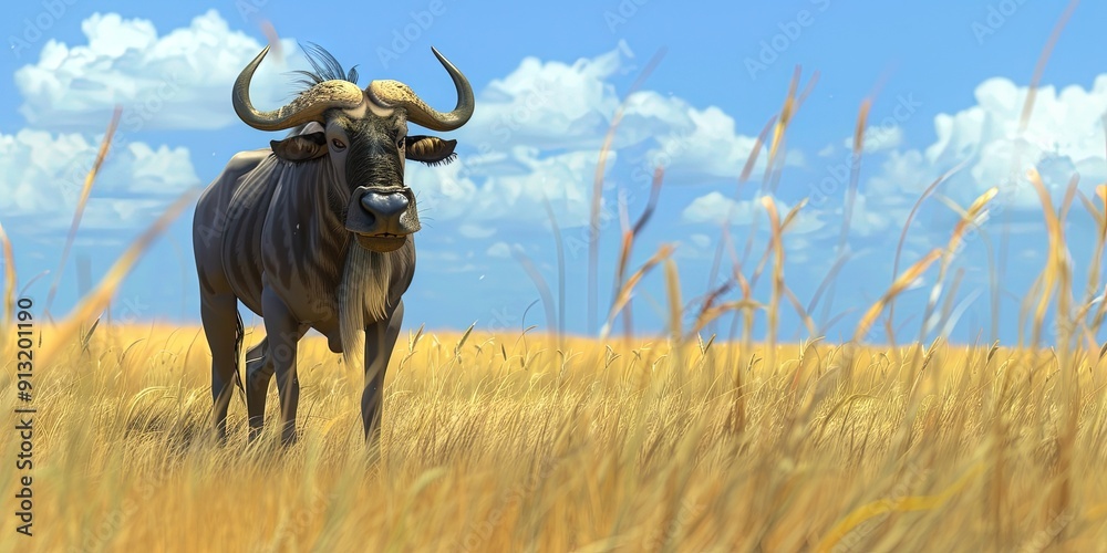 wildebeest 3D animation cartoon style, colorful, happy, friendly, 3d cartoon, nature, outdoors wildebeest 3D animation cartoon style, colorful, happy, friendly, 3d cartoon, nature, outdoors