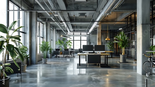 Modern empty blank interior office room for work, Mockup Frame-Minimalistic concrete coworking office