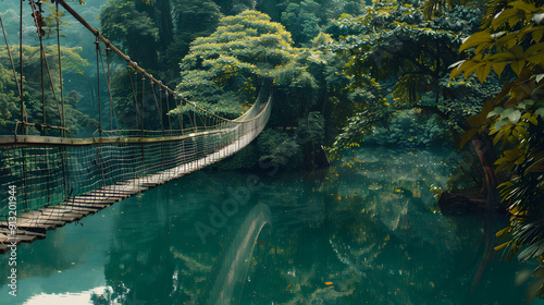 A rope bridge crossing a serene crystal-clear jungle lake reflecting the surrounding greenery.