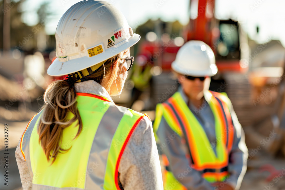 Two construction workers in safety gear discuss project details on a construction site under bright sunlight. Two construction workers in safety gear discuss project details on a construction site under bright sunlight.