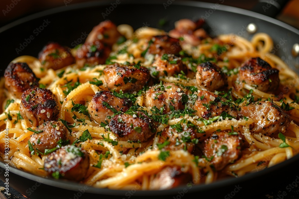 pasta linguine with fried chicken liver in the Frying Pan, side view, ai generated, side view pasta linguine with fried chicken liver in the Frying Pan, side view, ai generated, side view
