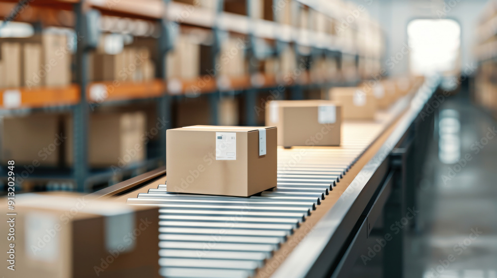 Warehouse scene with parcels on a conveyor belt, showcasing modern logistics and efficient shipping processes. Warehouse scene with parcels on a conveyor belt, showcasing modern logistics and efficient shipping processes.