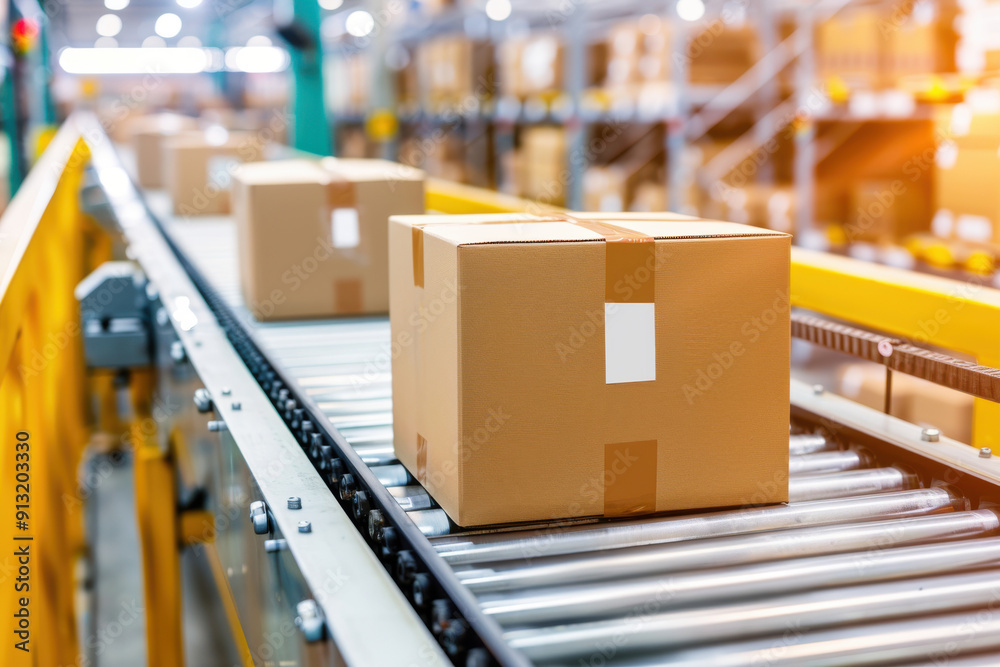 A close-up view of cardboard boxes on a conveyor belt in a modern warehouse setting, illustrating logistics and packaging processes. A close-up view of cardboard boxes on a conveyor belt in a modern warehouse setting, illustrating logistics and packaging processes.