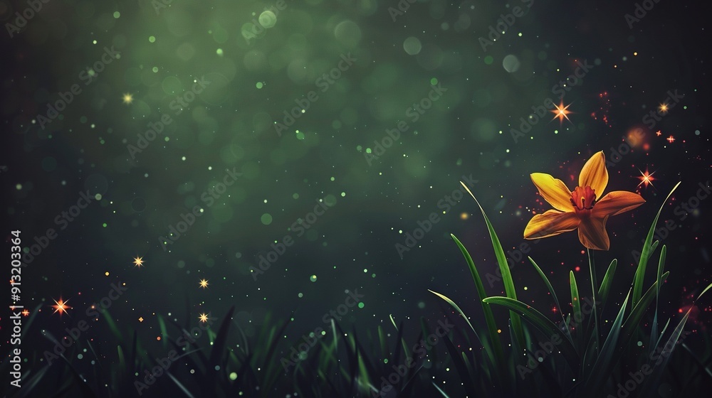 Close-up of a flower in a grassy field against a starry night sky, with blades of grass in both foreground and background Close-up of a flower in a grassy field against a starry night sky, with blades of grass in both foreground and background