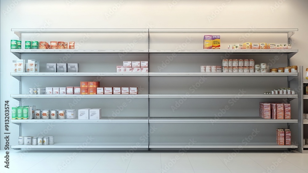 mockup of empty retail shelves with wobblers and shelf talkers. 3d ...