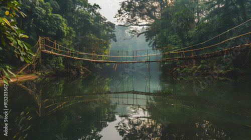 A rustic rope bridge over a calm reflective jungle river surrounded by towering ancient trees.