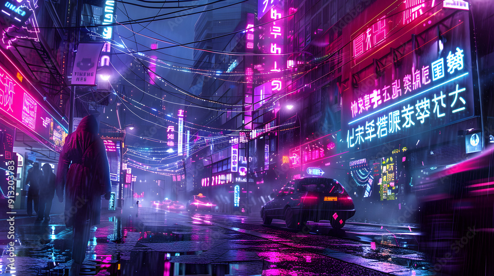 Cyberpunk street scene with neon avatar signs linked by fiber optic cables Cyberpunk street scene with neon avatar signs linked by fiber optic cables