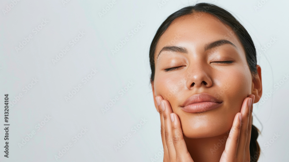 A serene moment of self-care, showcasing a woman gently applying skincare with a relaxed expression and closed eyes. A serene moment of self-care, showcasing a woman gently applying skincare with a relaxed expression and closed eyes.