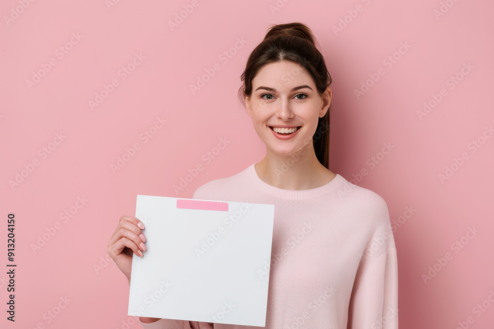 A smiling woman holds a blank sign, ready for customization, against a soft pink backdrop, perfect for marketing and advertising. A smiling woman holds a blank sign, ready for customization, against a soft pink backdrop, perfect for marketing and advertising.