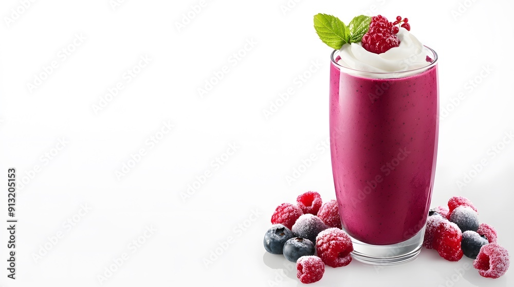 A realistic face view of a beetroot and berry smoothie with a swirl of Greek yogurt in a clear glass, arranged on a clean white background A realistic face view of a beetroot and berry smoothie with a swirl of Greek yogurt in a clear glass, arranged on a clean white background